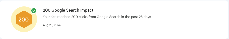 Google Search achievement: 200 clicks, Aug 25, 2026